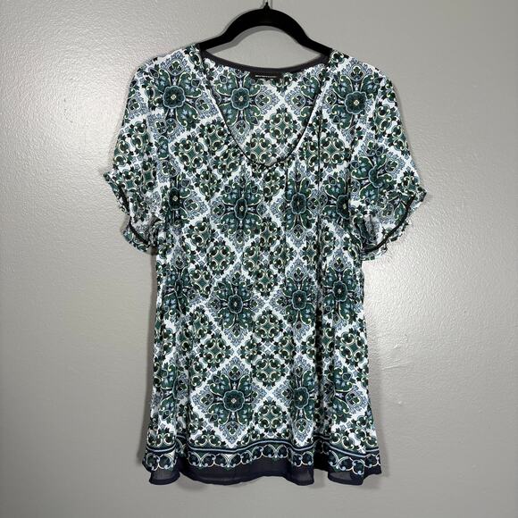 Avenue Teal Floral Y2K Boho Babydoll Peasant Blouse - 14/16 - Women's Plus Size - Picture 1 of 7